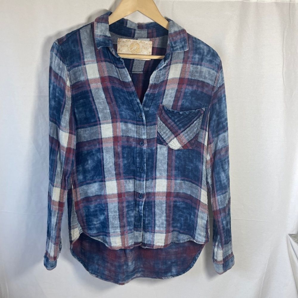 Bella Dahl Distressed Cotton Plaid Asymmetrical Shirt Sz S
